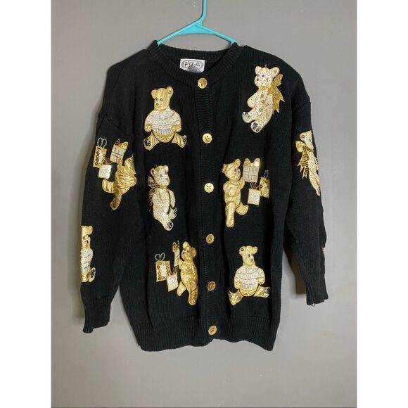 P Galli Sweaters - P Galli Black Gold Teddy Bear Vintage Button Up Knit Cardigan Size Medium